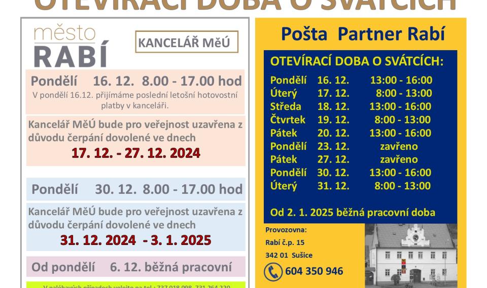 Aktualita Vánoční otevírací doba městského úřadu a pošty Partner Rabí
