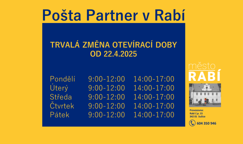 Aktualita Změna otevírací doby Pošty Partner Rabí od 22. 4. 2025