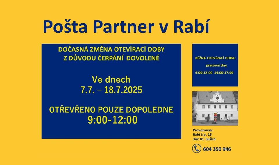 Aktualita Pošta Partner Rabí - dovolená