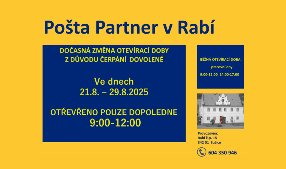 Aktualita Pošta Partner Rabí - dovolená
