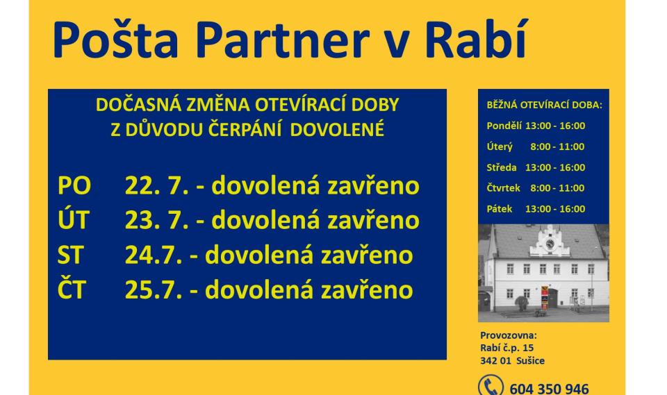 Aktualita Dovolená pošta Partner Rabí - červenec 2024